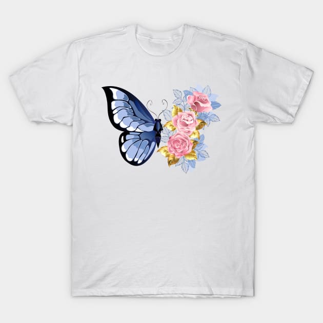 Blue Butterfly with Roses T-Shirt by Blackmoon9